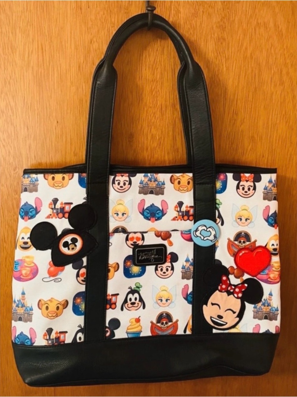 Disney Boutique White Tote with Multicolored Character Print and Black Trim